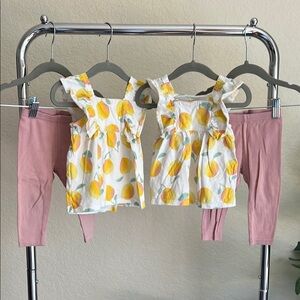 TWIN Yellow Lemon Print Baby Tops with Pink Leggings Set